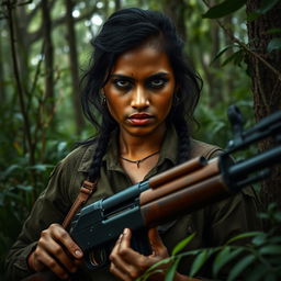 A powerful image of a woman resembling Ashika Ranganathan, depicted as a Naxalite warrior in a dense, green forest