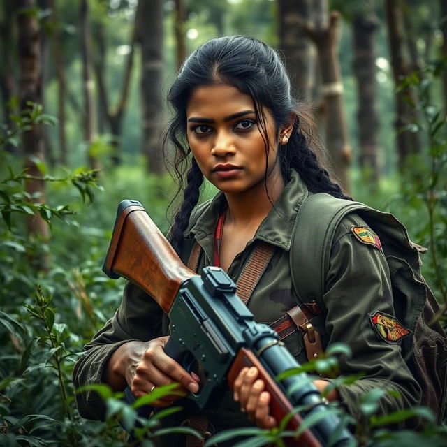 A powerful image of a woman resembling Ashika Ranganathan, depicted as a Naxalite warrior in a dense, green forest