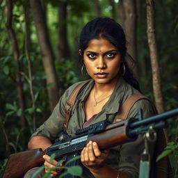 A powerful image of a woman resembling Ashika Ranganathan, depicted as a Naxalite warrior in a dense, green forest