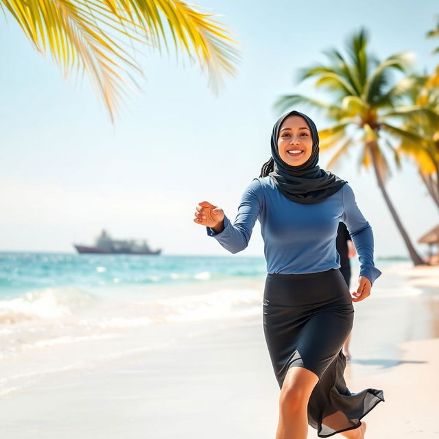A young woman wearing a black hijab, long blue shirt with long sleeves, black skinny leggings, and a stylish mini skirt, joyfully running along a beautiful beach