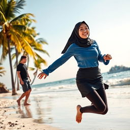 A young woman wearing a black hijab, long blue shirt with long sleeves, black skinny leggings, and a stylish mini skirt, joyfully running along a beautiful beach