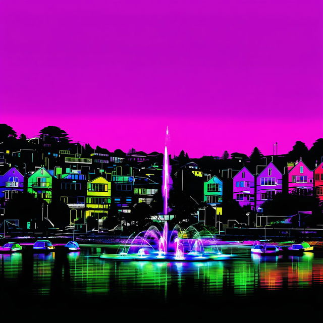 A vibrant, pop art-inspired digital art image of Oriental Bay in Wellington, New Zealand