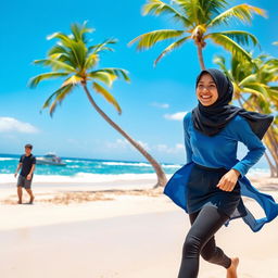 A young woman wearing a black hijab, long blue shirt with long sleeves, black skinny leggings, and a stylish mini skirt, joyfully running along a beautiful beach