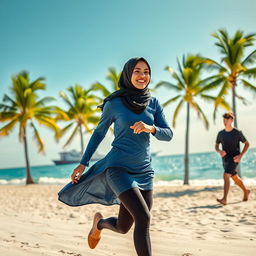 A young woman wearing a black hijab, long blue shirt with long sleeves, black skinny leggings, and a stylish mini skirt, joyfully running along a beautiful beach
