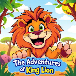 A vibrant and colorful cartoon-style YouTube thumbnail featuring a majestic lion in a playful and friendly pose