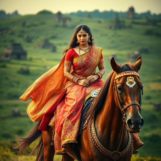 A captivating image of a woman resembling Nayanthara, elegantly riding a majestic horse while adorned in stunning Rudhramadevi-inspired costumes