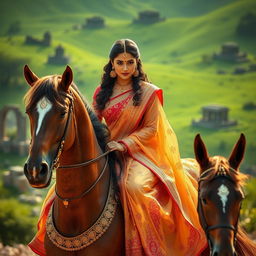 A captivating image of a woman resembling Nayanthara, elegantly riding a majestic horse while adorned in stunning Rudhramadevi-inspired costumes