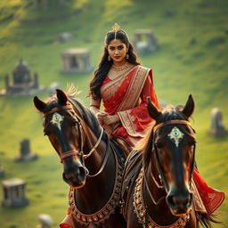 A captivating image of a woman resembling Nayanthara, elegantly riding a majestic horse while adorned in stunning Rudhramadevi-inspired costumes