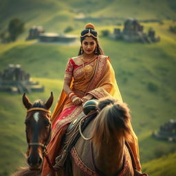 A captivating image of a woman resembling Nayanthara, elegantly riding a majestic horse while adorned in stunning Rudhramadevi-inspired costumes