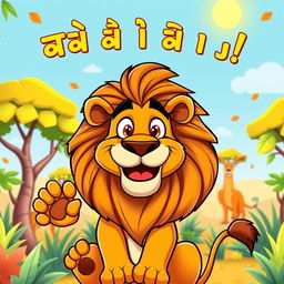 A vibrant and colorful cartoon-style YouTube thumbnail featuring a majestic lion in a playful and friendly pose