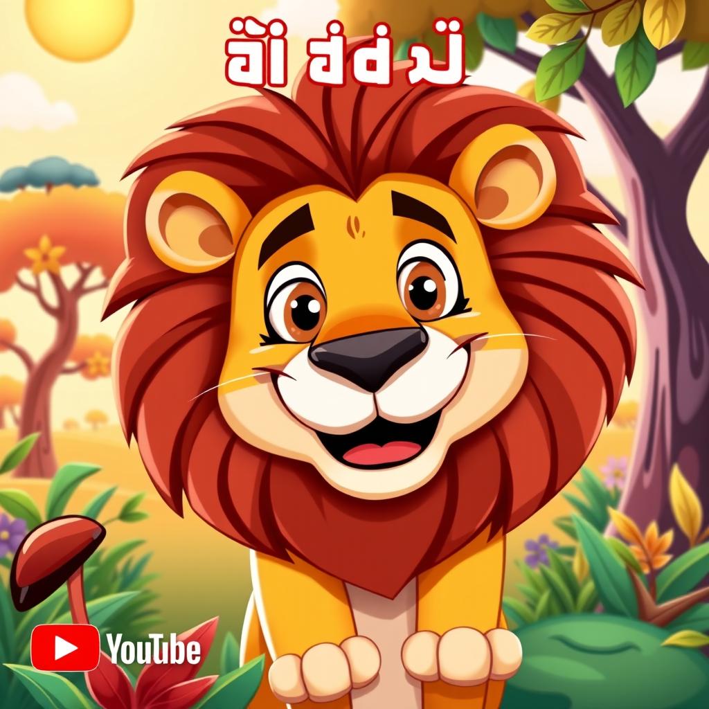 A vibrant and colorful cartoon-style YouTube thumbnail featuring a majestic lion in a playful and friendly pose