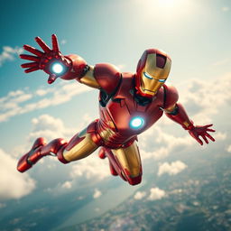 A dramatic scene of Iron Man soaring high in the sky, showcasing his iconic red and gold suit shimmering in the sunlight