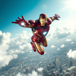 A dramatic scene of Iron Man soaring high in the sky, showcasing his iconic red and gold suit shimmering in the sunlight