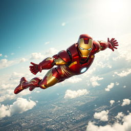 A dramatic scene of Iron Man soaring high in the sky, showcasing his iconic red and gold suit shimmering in the sunlight