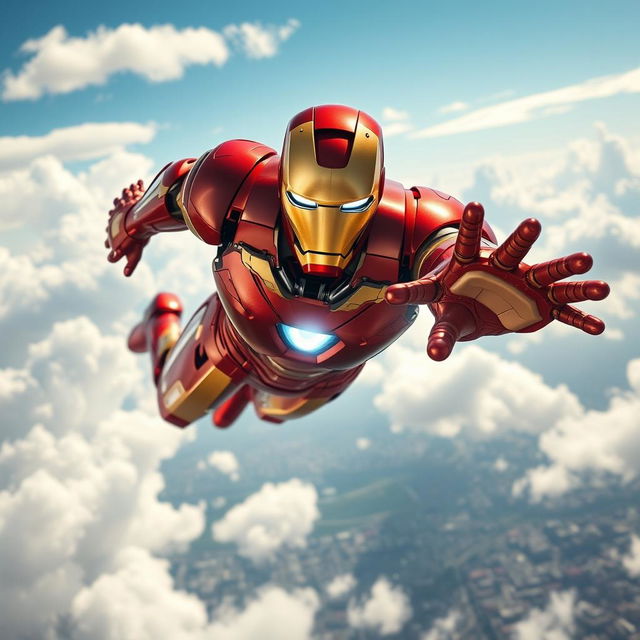 A dramatic scene of Iron Man soaring high in the sky, showcasing his iconic red and gold suit shimmering in the sunlight