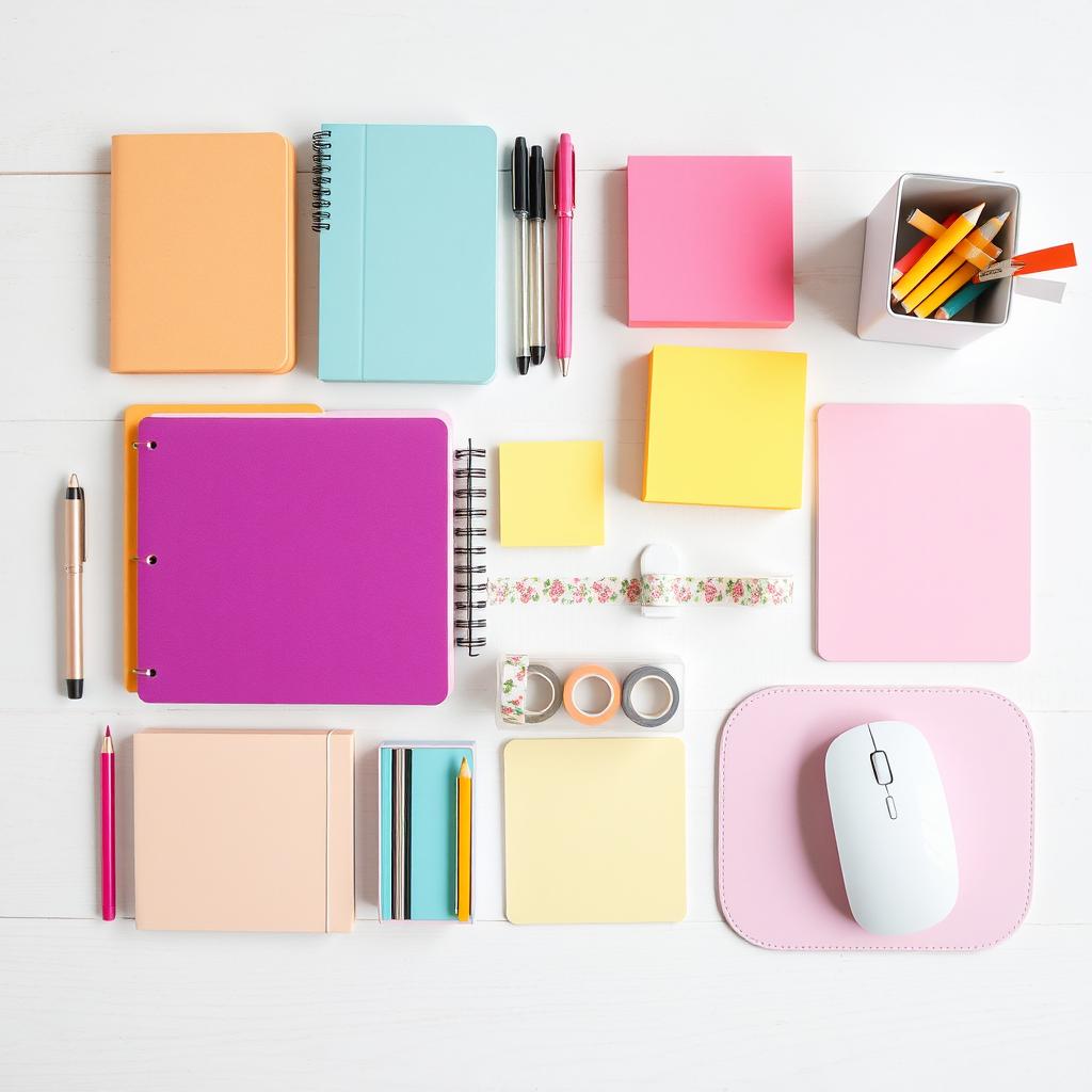 A beautifully arranged flat lay of various horizontal stationery items