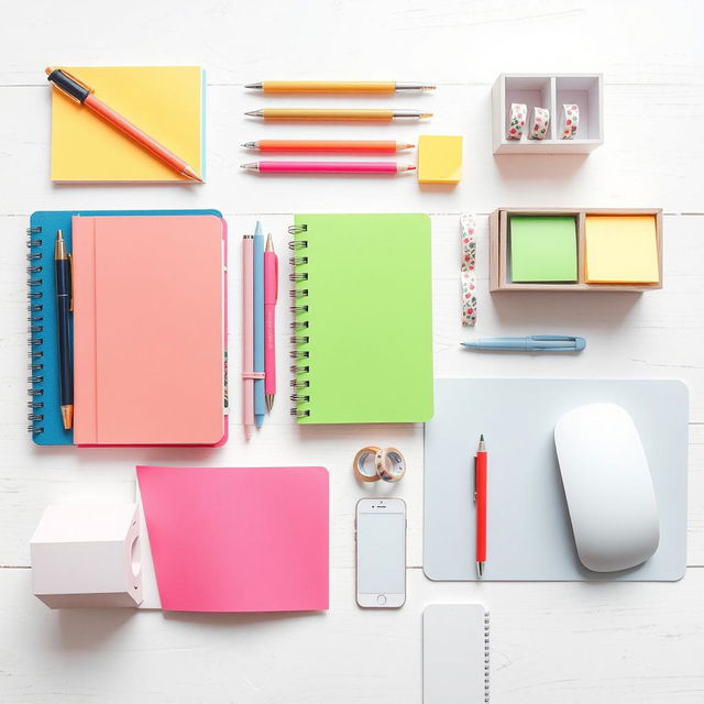 A beautifully arranged flat lay of various horizontal stationery items