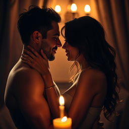 A passionate couple in an intimate setting, showcasing a strong emotional connection, candlelight ambiance illuminating their forms