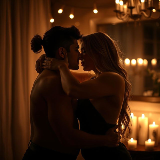 A passionate couple in an intimate setting, showcasing a strong emotional connection, candlelight ambiance illuminating their forms