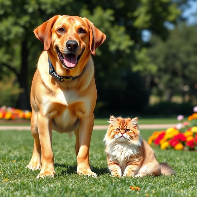 An image showcasing a humorous comparison between a large dog and a small cat