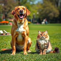 An image showcasing a humorous comparison between a large dog and a small cat