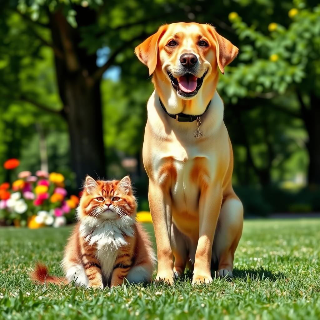 An image showcasing a humorous comparison between a large dog and a small cat