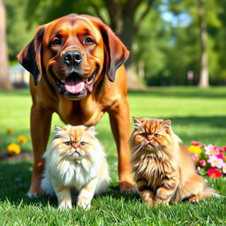 An image showcasing a humorous comparison between a large dog and a small cat