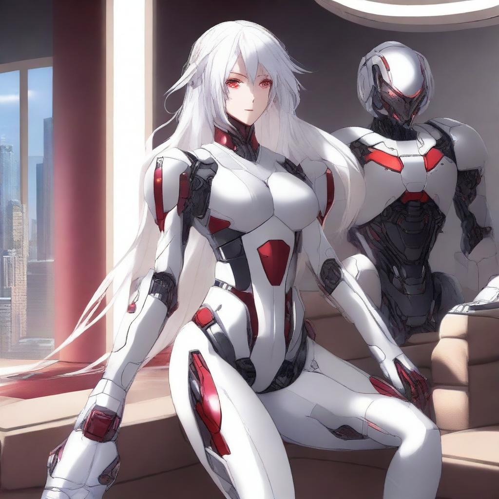 A high-quality digital art image showcasing a stunning female anime character with long white hair and captivating red eyes