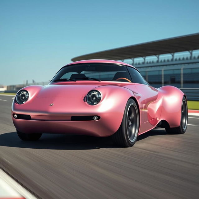 A stunning pink pearl metallic futuristic Norwegian Frogeater turbo Targa, showcasing a sexy, bubbly and sharp design with a unique curved roof