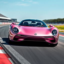 A stunning pink pearl metallic futuristic Norwegian Frogeater turbo Targa, showcasing a sexy, bubbly and sharp design with a unique curved roof