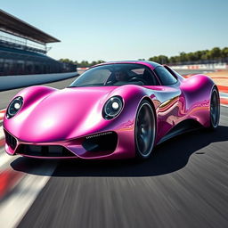 A stunning pink pearl metallic futuristic Norwegian Frogeater turbo Targa, showcasing a sexy, bubbly and sharp design with a unique curved roof