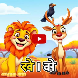 A lively and colorful cartoon-style YouTube thumbnail featuring a majestic lion on the left side, with a playful expression