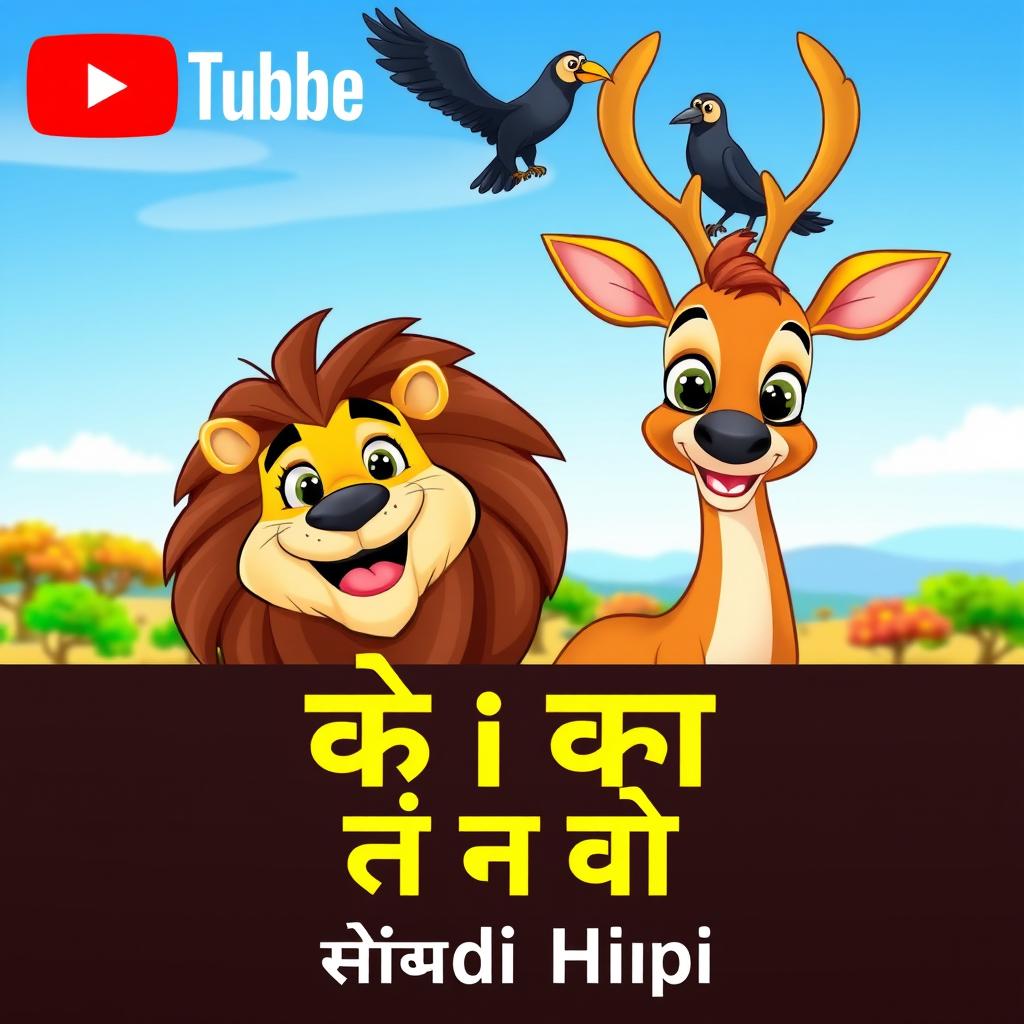 A lively and colorful cartoon-style YouTube thumbnail featuring a majestic lion on the left side, with a playful expression