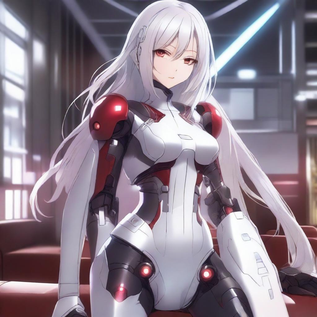 A high-quality digital art image showcasing a stunning female anime character with long white hair and captivating red eyes