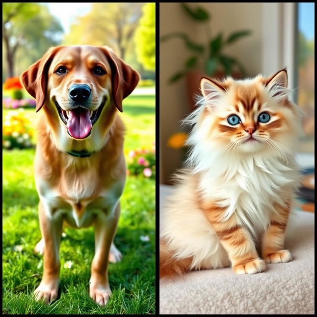 Two images side by side, one featuring a large, friendly Labrador Retriever and the other a tiny, fluffy Persian cat