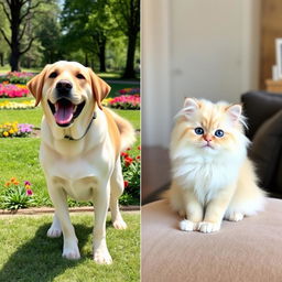 Two images side by side, one featuring a large, friendly Labrador Retriever and the other a tiny, fluffy Persian cat