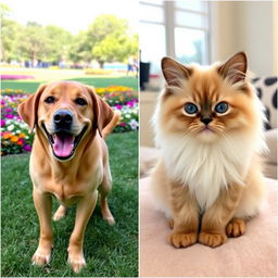 Two images side by side, one featuring a large, friendly Labrador Retriever and the other a tiny, fluffy Persian cat