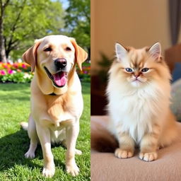 Two images side by side, one featuring a large, friendly Labrador Retriever and the other a tiny, fluffy Persian cat