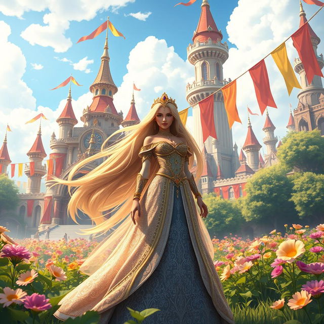 A beautiful fantasy scene featuring a character named Kirshana, a regal and elegant figure, standing in a vibrant kingdom