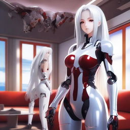 A high-quality digital art image showcasing a stunning female anime character with long white hair and captivating red eyes