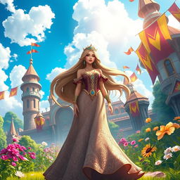 A beautiful fantasy scene featuring a character named Kirshana, a regal and elegant figure, standing in a vibrant kingdom
