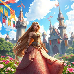 A beautiful fantasy scene featuring a character named Kirshana, a regal and elegant figure, standing in a vibrant kingdom