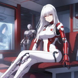 A high-quality digital art image showcasing a stunning female anime character with long white hair and captivating red eyes