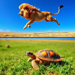 An engaging image capturing the contrast between a fast lion and a slow turtle