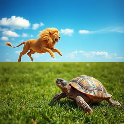 An engaging image capturing the contrast between a fast lion and a slow turtle