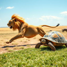 An engaging image capturing the contrast between a fast lion and a slow turtle