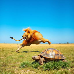 An engaging image capturing the contrast between a fast lion and a slow turtle