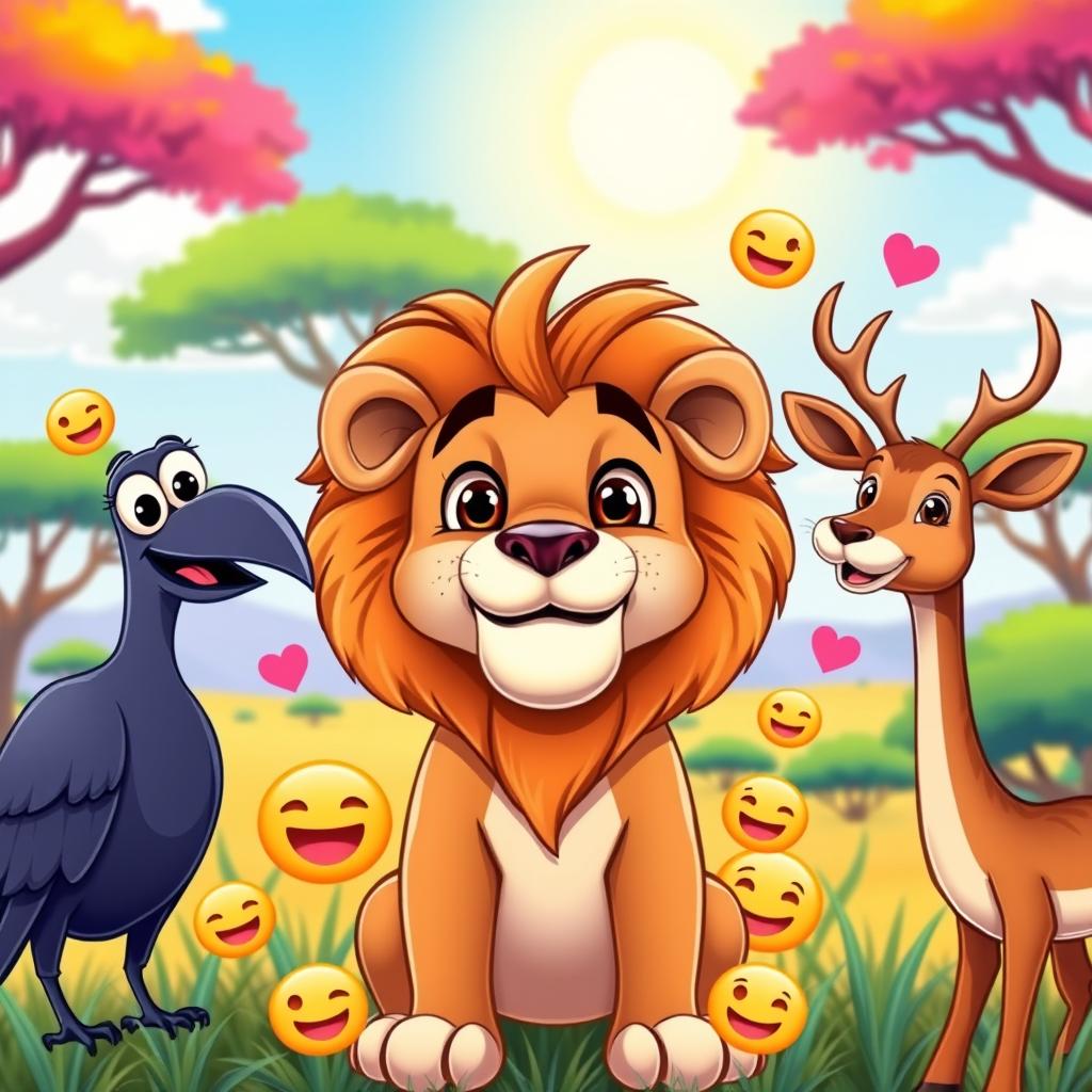 A vibrant and colorful cartoon-style YouTube thumbnail featuring a majestic lion in the center, with a playful expression