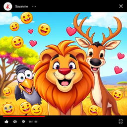 A vibrant and colorful cartoon-style YouTube thumbnail featuring a majestic lion in the center, with a playful expression