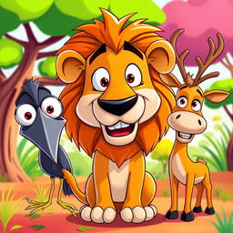 A colorful and humorous cartoon-style YouTube thumbnail featuring a cartoon lion in the center with a goofy expression